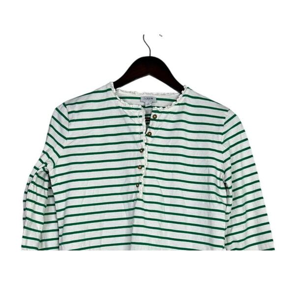 J. Crew Striped Ruffle Neck Henley Buttons Long Sleeve Top Blouse S Green White - Picture 3 of 15